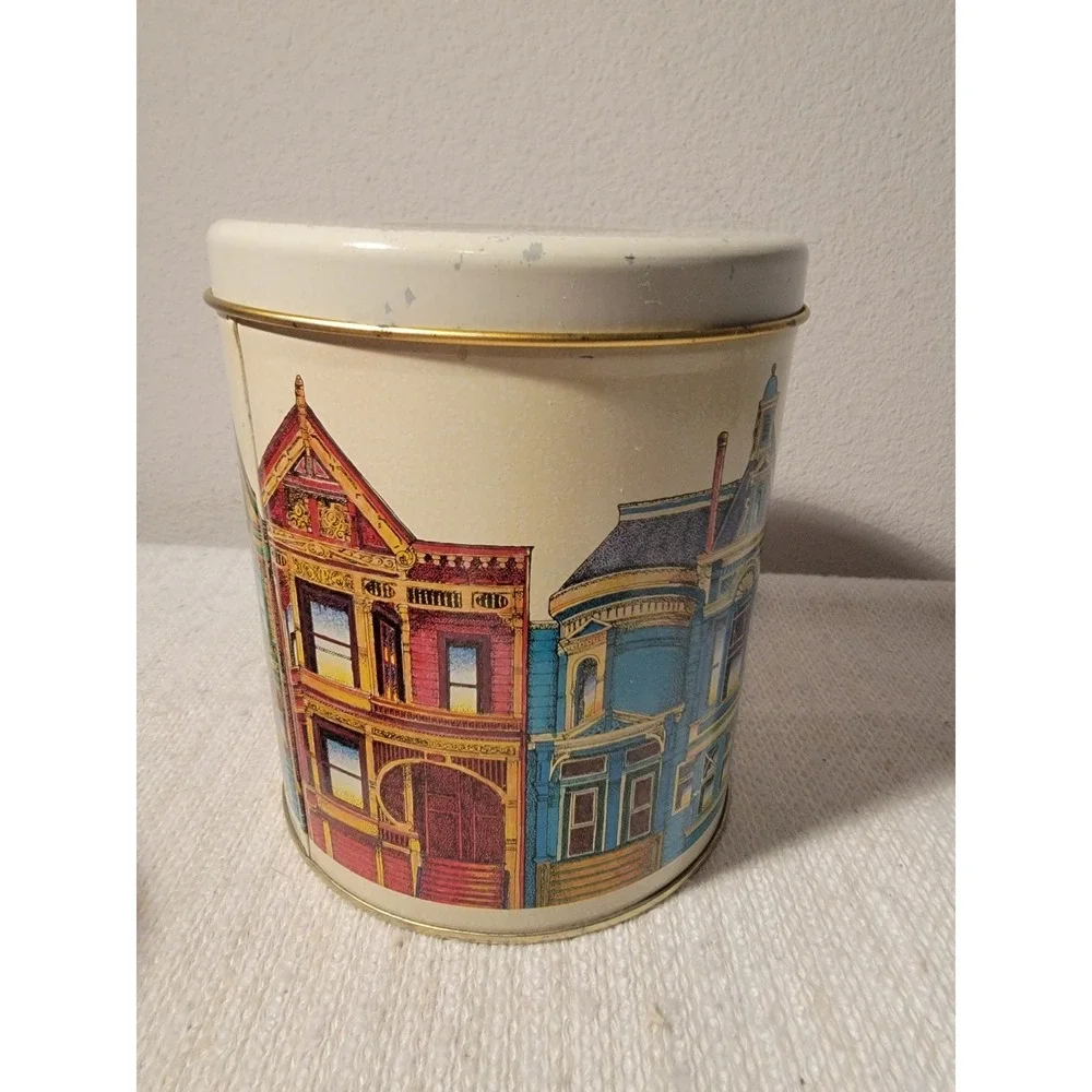 Ballonoff Victorian Homes Metal Tin Cookie Canister Cleveland Ohio Vintage EMPTY